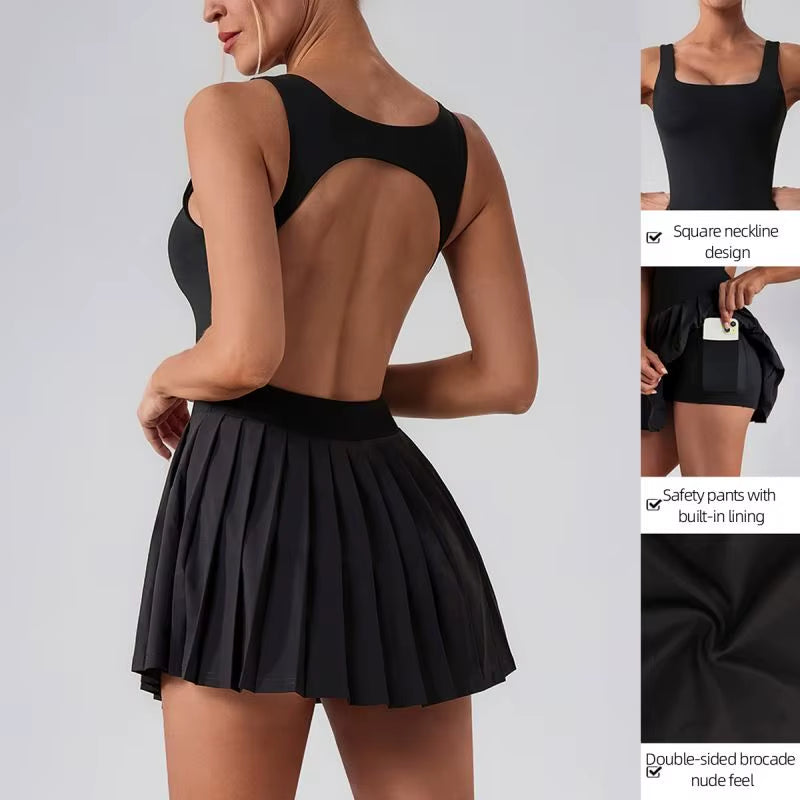 Women'S Golf Dress Shorts One-Piece Backless Sportswear Pleated Tennis Skirt Outdoor Sports Set Anti-Walk Fitness Wear