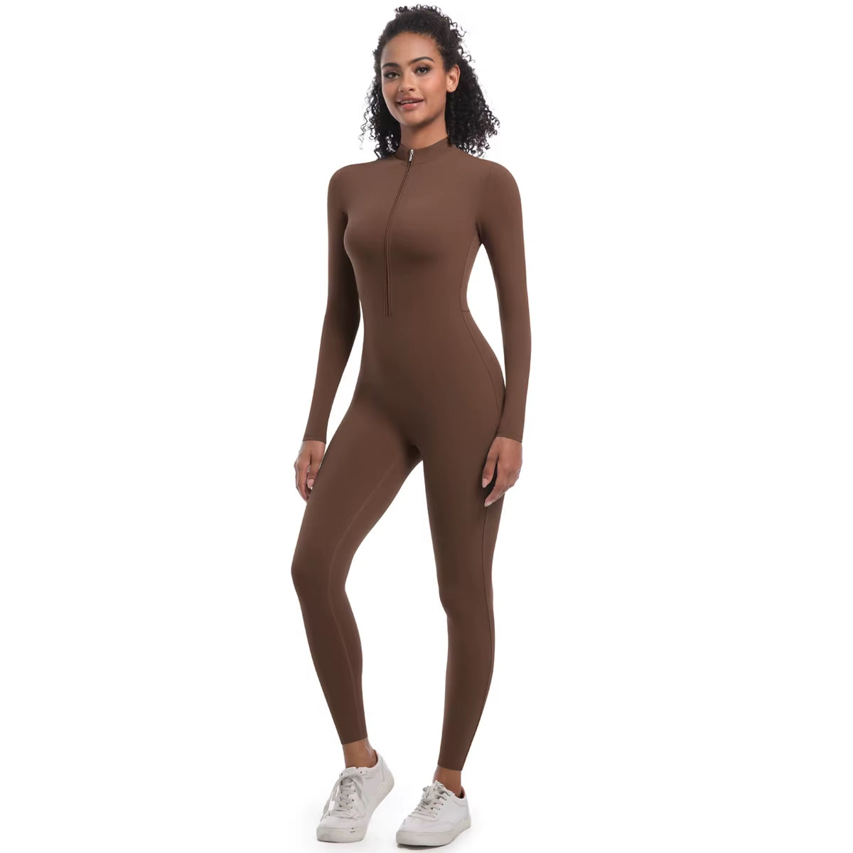 New High Elastic Long Yoga Jumpsuit Half Zipper Solid Color Fitness Bodysuit
