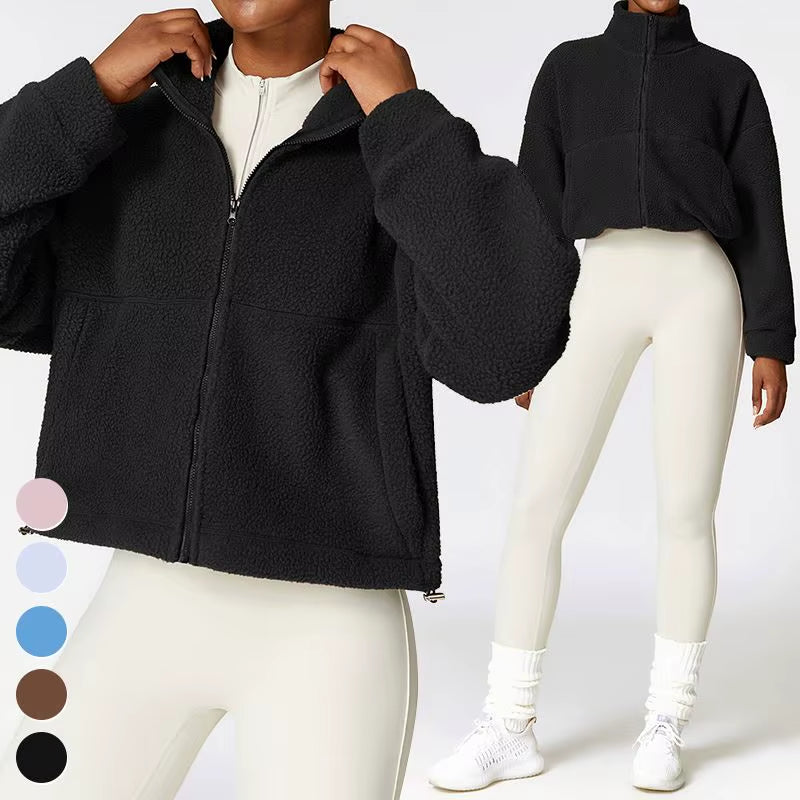 Custom Shaker Outdoor Running Jackets Yoga Winter Warm Coat Stand Collar Fitness Jacket Fleece Zipper Women Sports Jacket