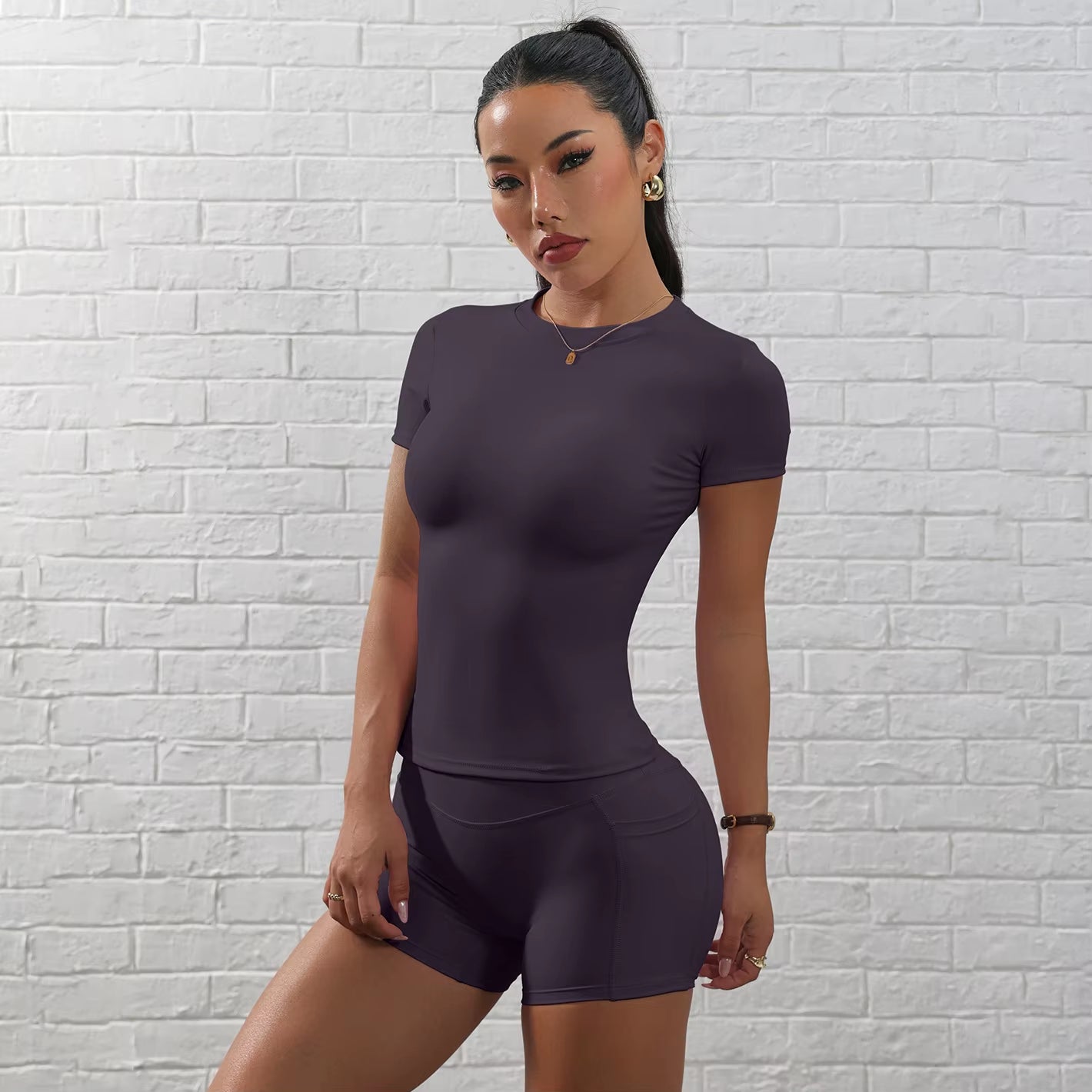 Ladies 2-Piece Yoga Shorts Set Gym High Elastic Waist Mesh Print Spandex/Nylon Casual Short Leggings Daily Wear Summer Sets