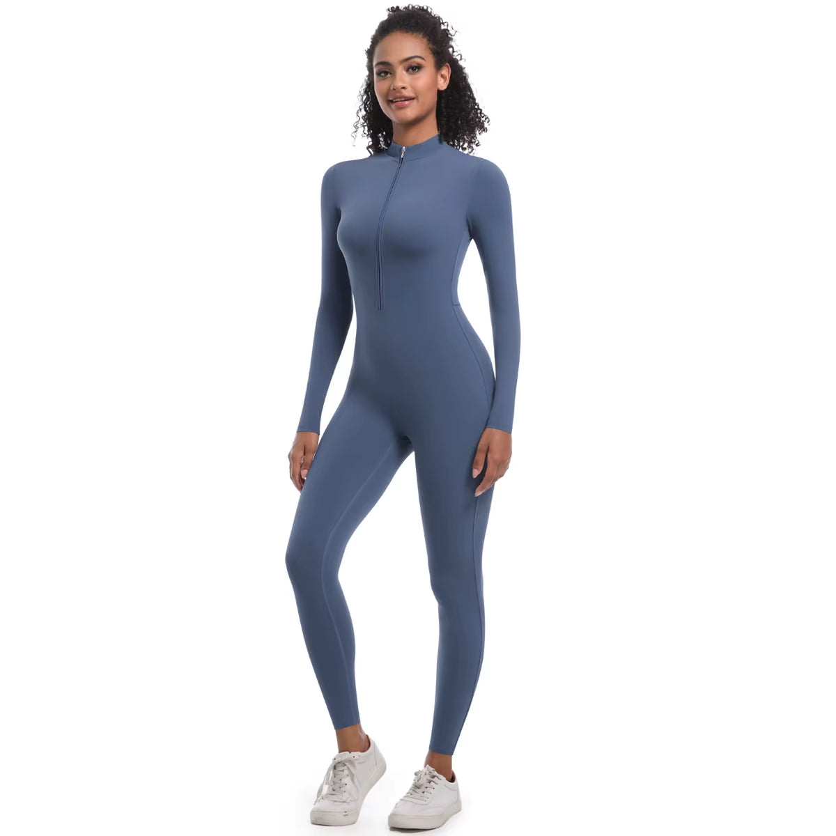 New High Elastic Long Yoga Jumpsuit Half Zipper Solid Color Fitness Bodysuit
