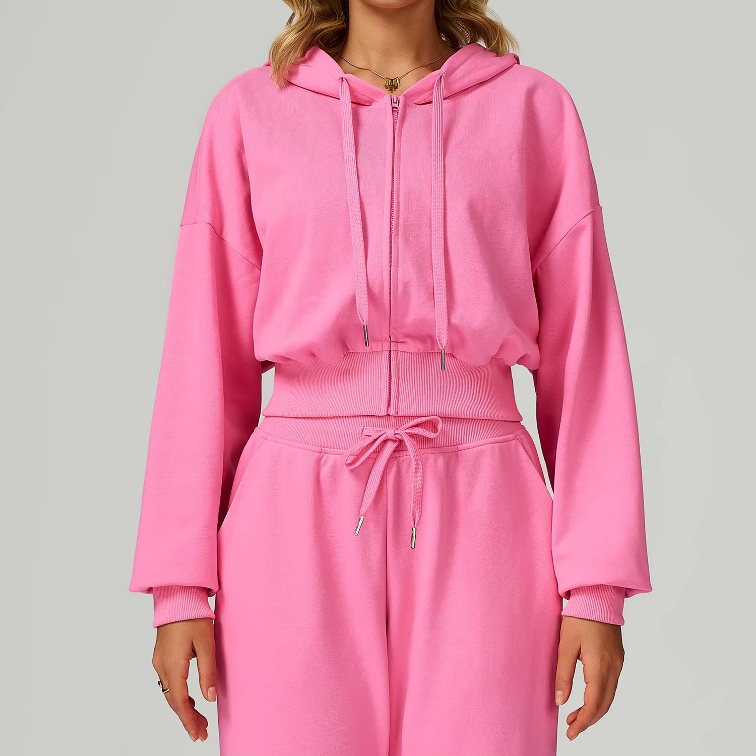 Women'S Loose Casual Crop Hoodies Full Zipper Breathable Sports Jacket Hood Autumn Long Sleeve Sweatshirts Custom Logo Knitted