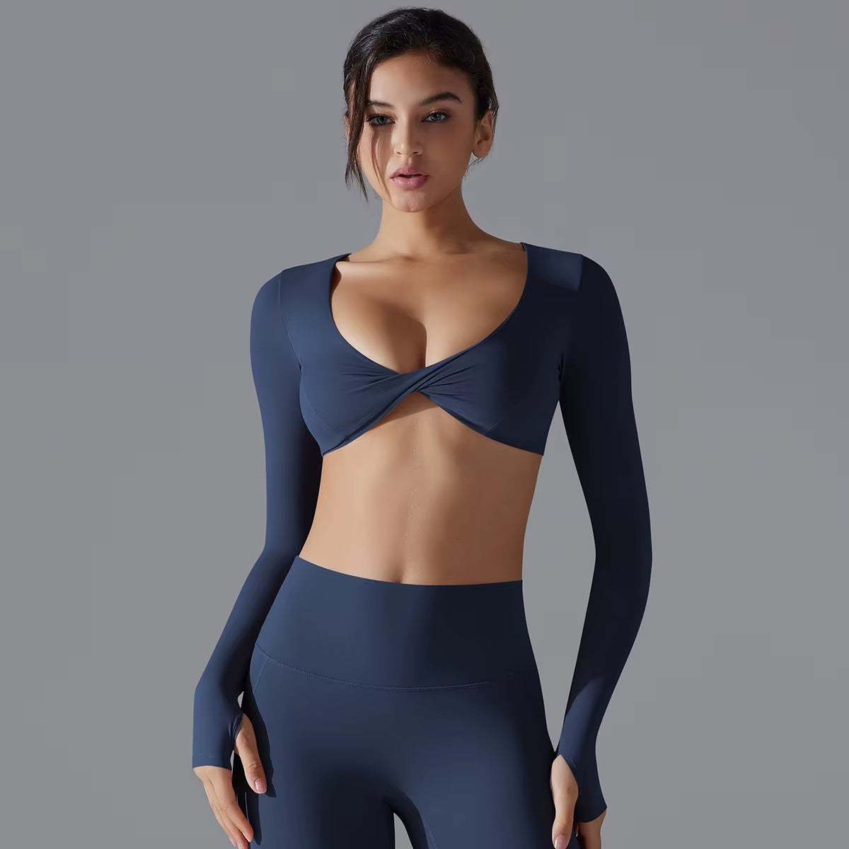 Yoga Wear Sports Gathering Long Sleeve Solid Color Slim-Fit Elastic Fitness Shaping Running Training Top for Women