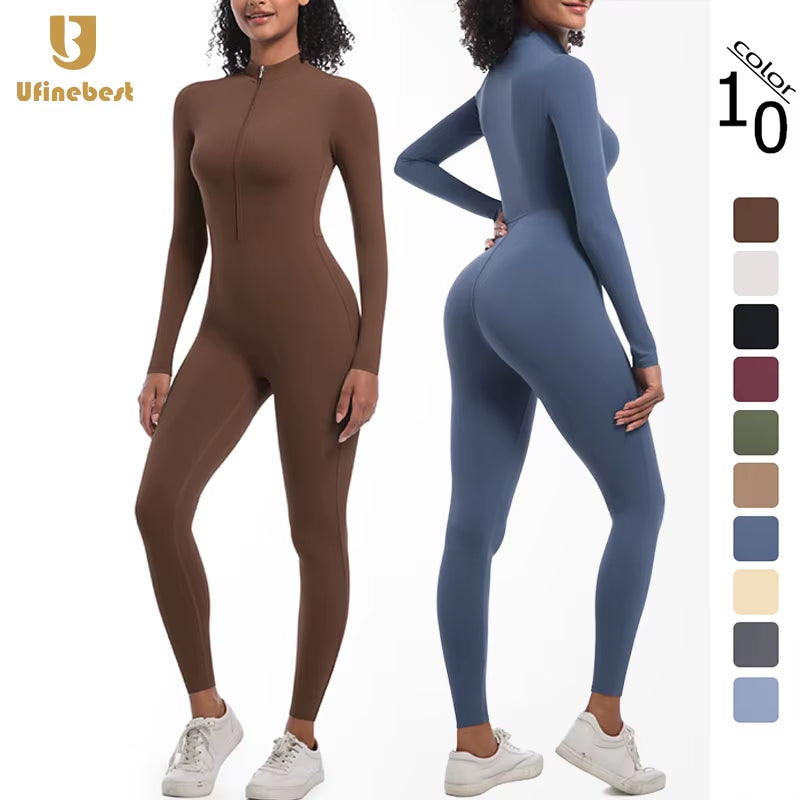 New High Elastic Long Yoga Jumpsuit Half Zipper Solid Color Fitness Bodysuit