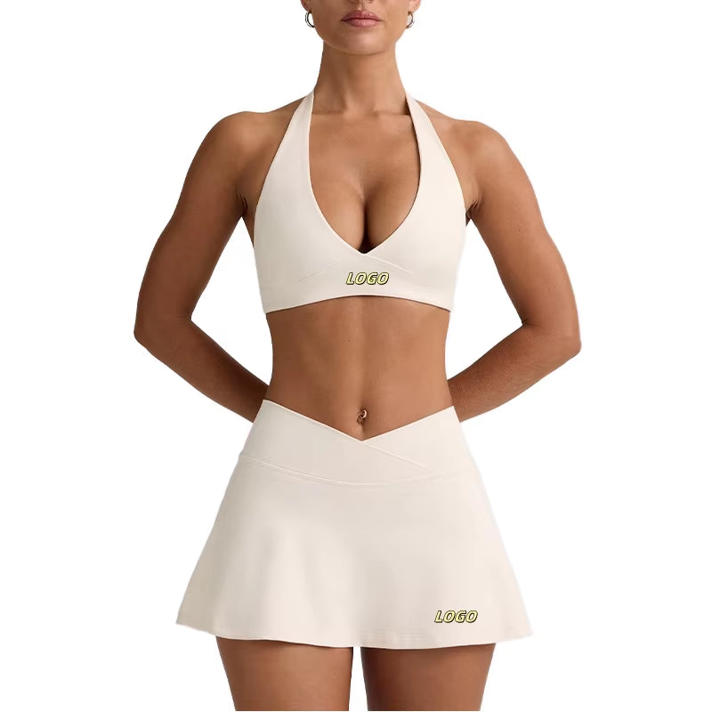 Women'S Halter V Neck Bra Tennis Skirt Custom Logo 2-Piece Solid Breathable Yoga Golf Tennis Sport Wear Front Fitness Outfits