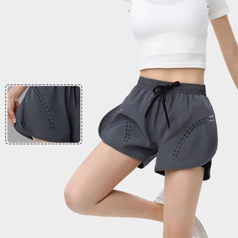 Women'S Double Layer Fitness Gym Shorts with Pocket Tight Sports Fabric Workout Pants Solid Pattern Yoga Shorts