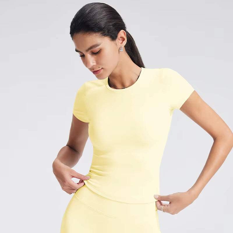 Naked Crewneck Shoulder Nine Quarter Sleeve Slim-Fit Casual Fitness Sports Top Yoga Clothes Breathable for Women