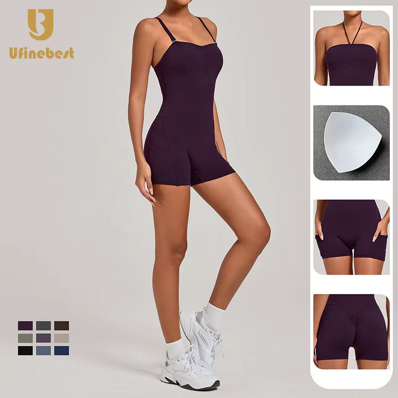 Women'S Yoga Fitness Sports Jumpsuit Strap Length Seamless Side Pocket Stitching Running Jumpsuits