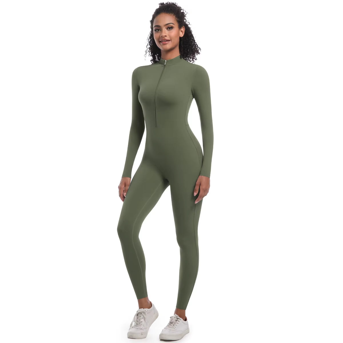 New High Elastic Long Yoga Jumpsuit Half Zipper Solid Color Fitness Bodysuit