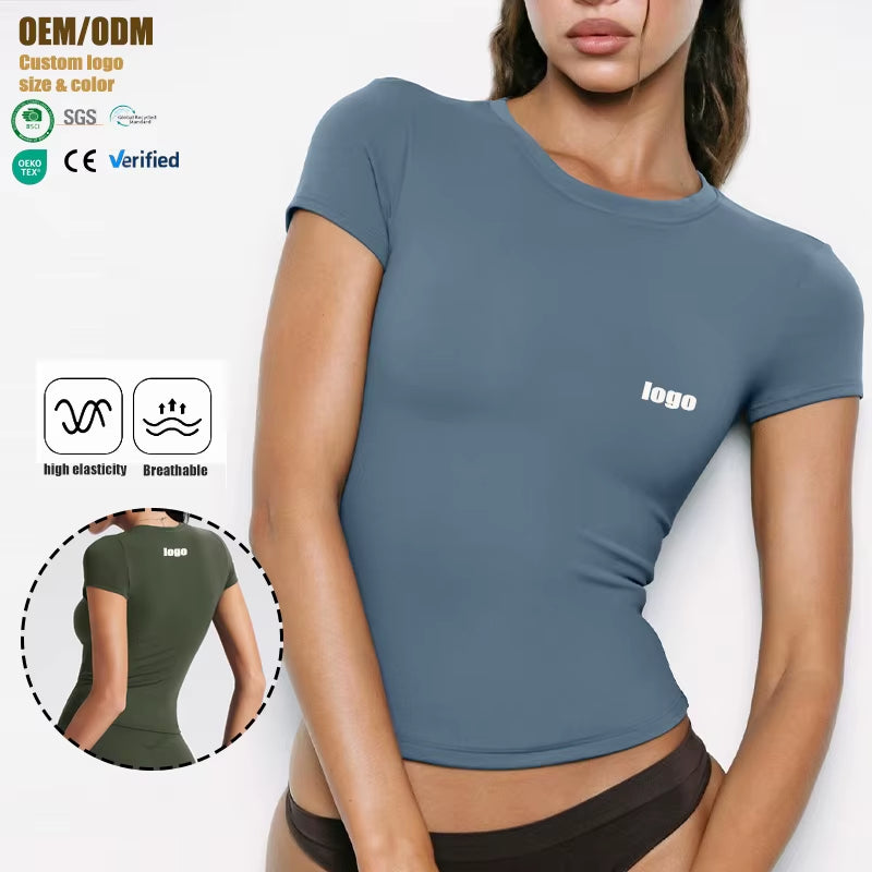 Naked Crewneck Shoulder Nine Quarter Sleeve Slim-Fit Casual Fitness Sports Top Yoga Clothes Breathable for Women