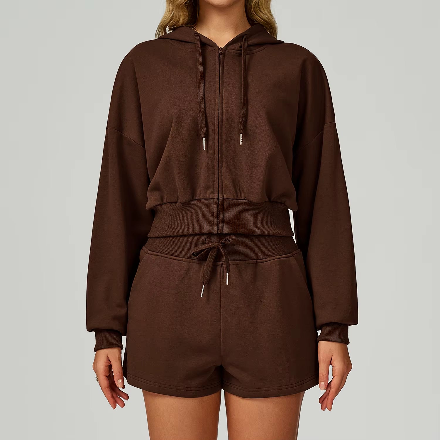 Women'S Loose Casual Crop Hoodies Full Zipper Breathable Sports Jacket Hood Autumn Long Sleeve Sweatshirts Custom Logo Knitted