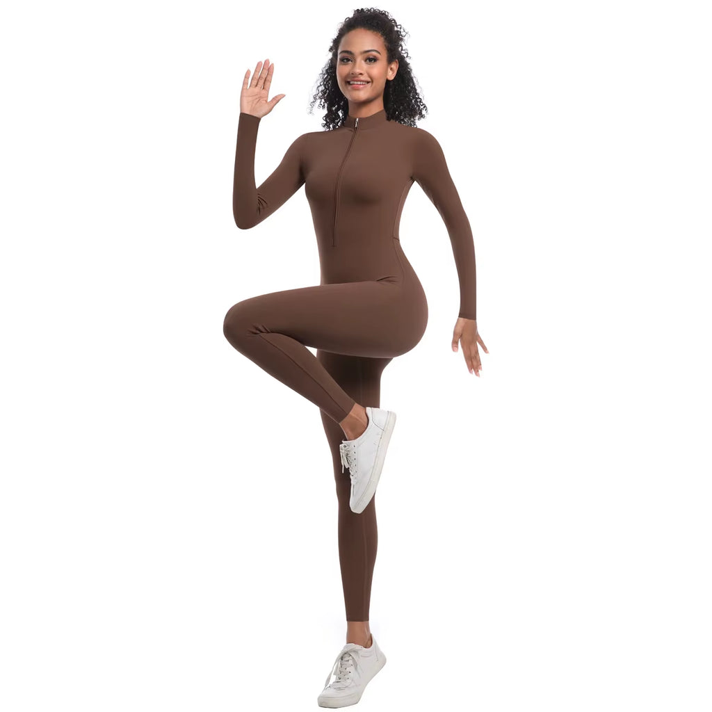 New High Elastic Long Yoga Jumpsuit Half Zipper Solid Color Fitness Bodysuit