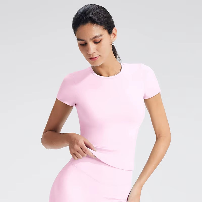 Naked Crewneck Shoulder Nine Quarter Sleeve Slim-Fit Casual Fitness Sports Top Yoga Clothes Breathable for Women