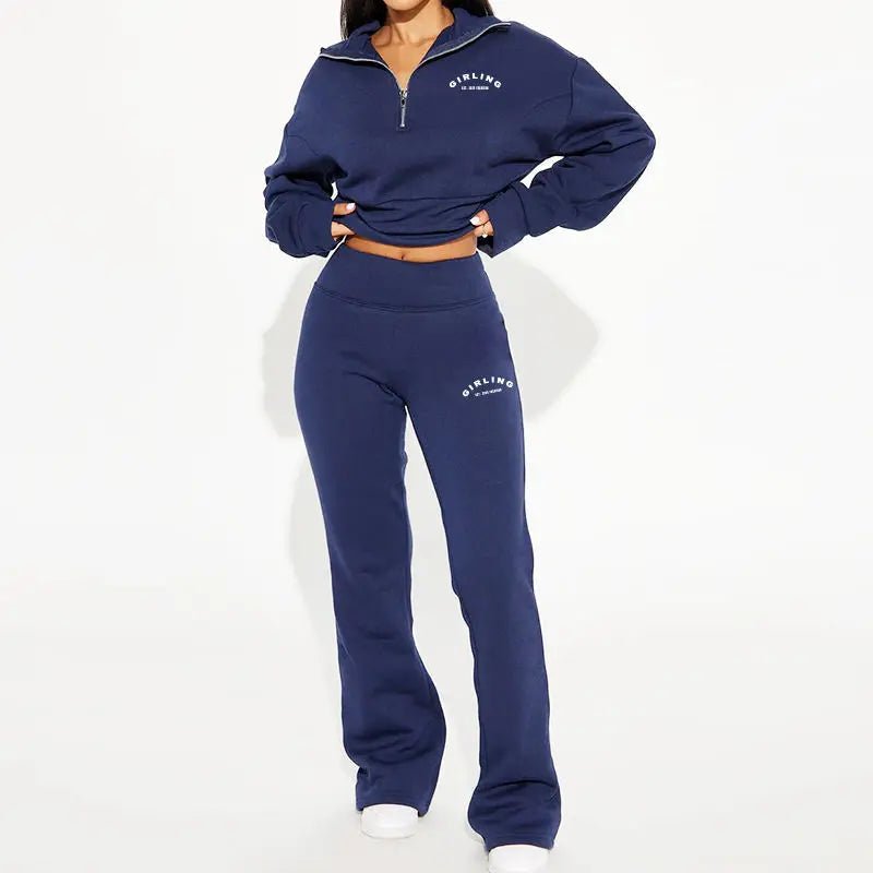 Custom Cotton Fleece Screen Print Crop Top Hoodies and Joggers Set Women'S Quarter Zip Sweatshirts Set Clothing Manufacturers