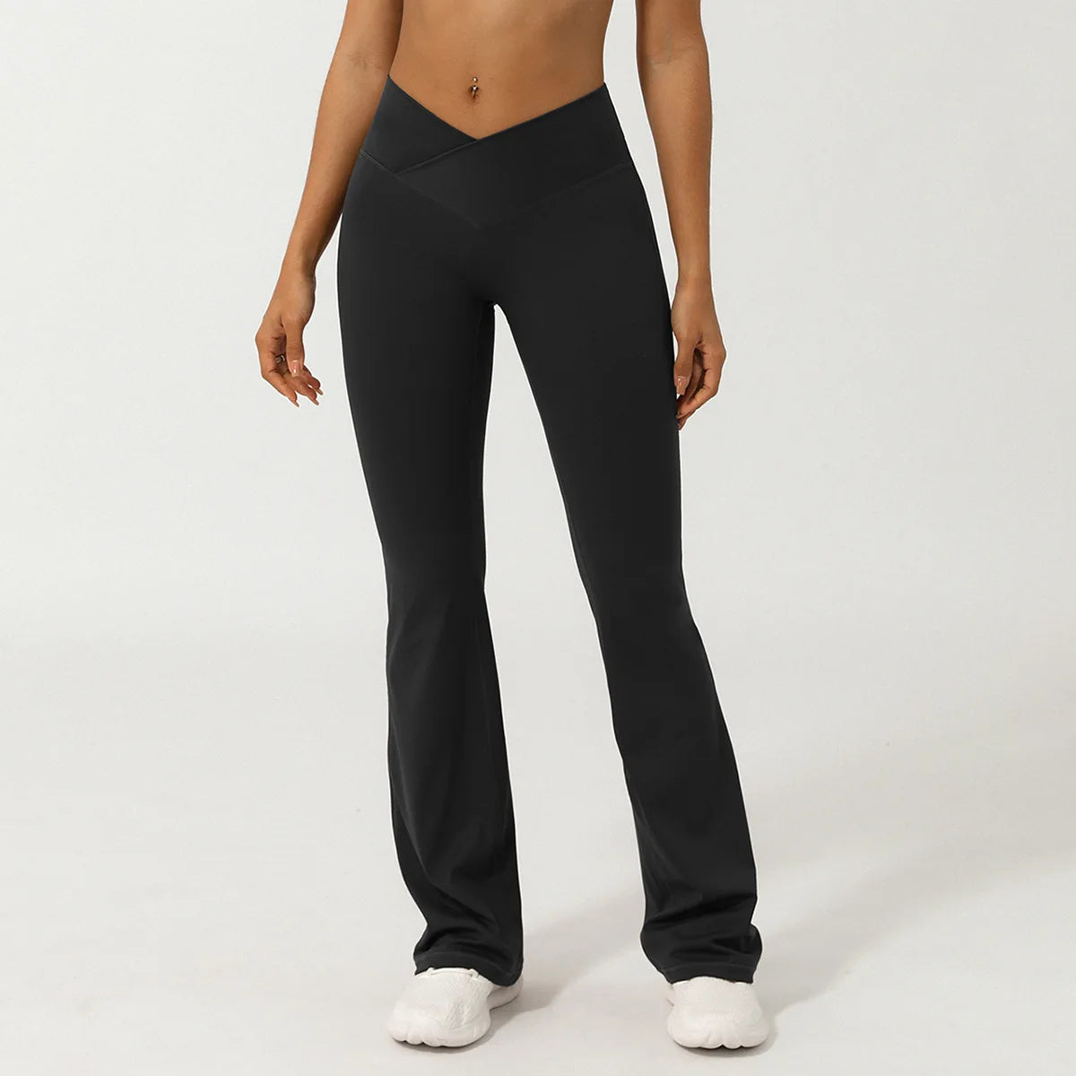 High Waist Gym Pants with Cross V Waistband No Front Seam Wide Leg Fitness Trousers Butt Lifting Yoga Leggings Solid Pattern