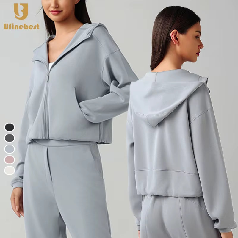 Yoga Women'S Full Zip Long Sleeve Casual Hoodie Fitness Tops Loose Sweater Hooded Sweatshirt Jacket Breathable Running Jacket