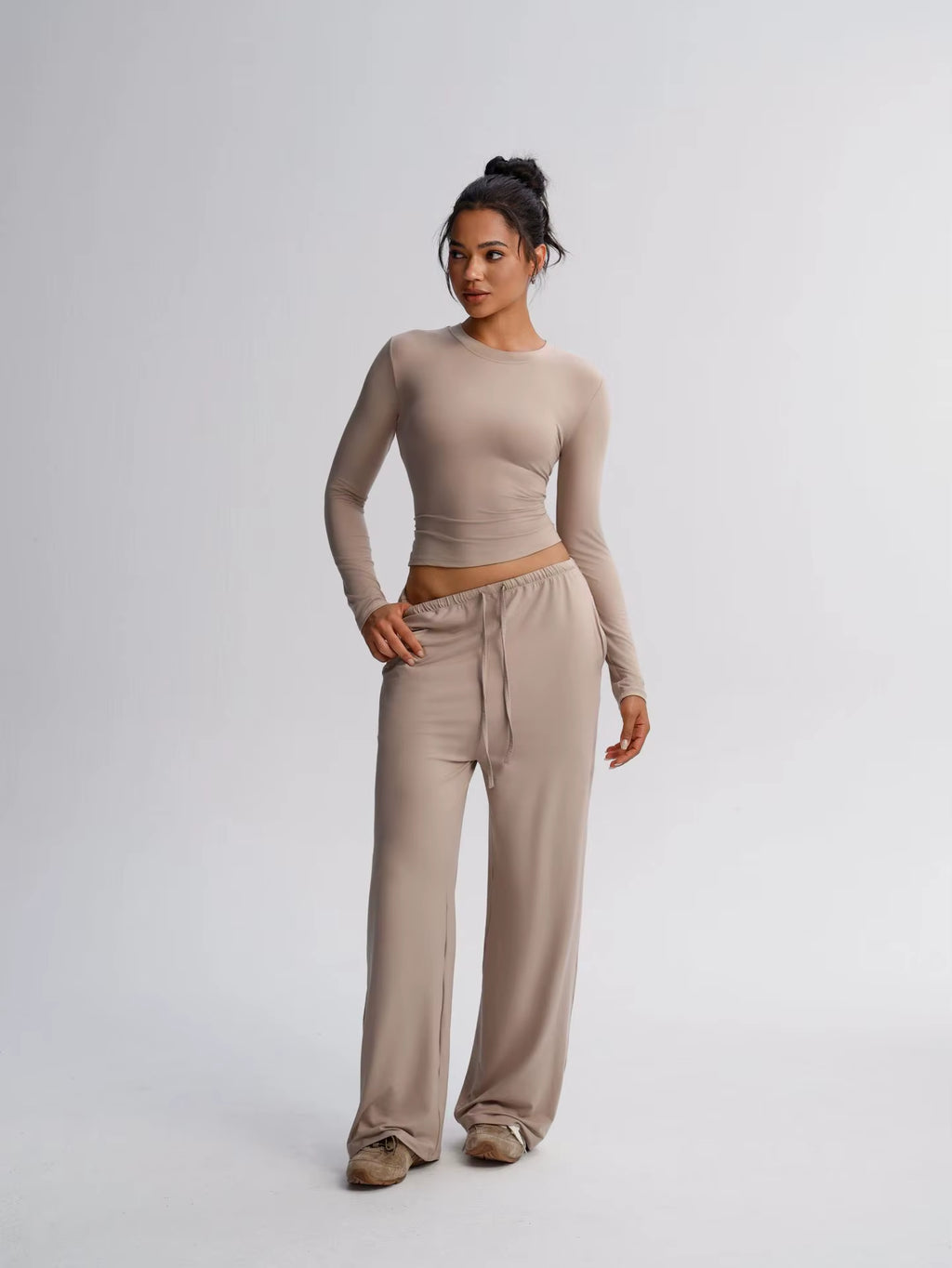 Under Lulu Custom Solid Color Casual Long Sleeve Suit Top High Waist Wide Leg Pants Sports Yoga 2-Piece Set Drawstring Closure