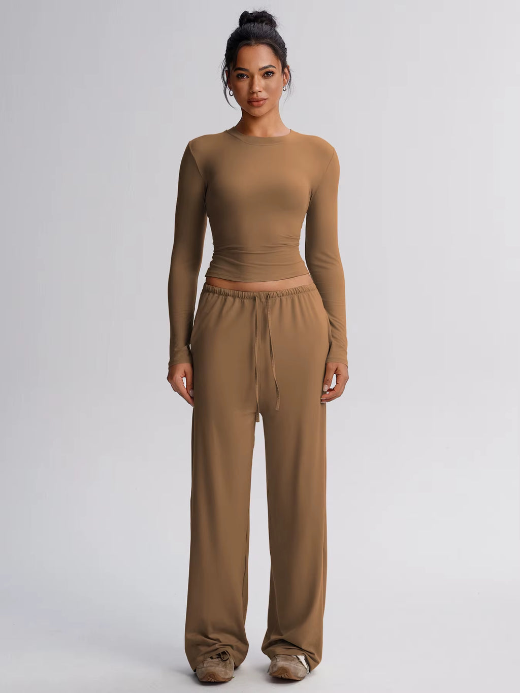 Under Lulu Custom Solid Color Casual Long Sleeve Suit Top High Waist Wide Leg Pants Sports Yoga 2-Piece Set Drawstring Closure