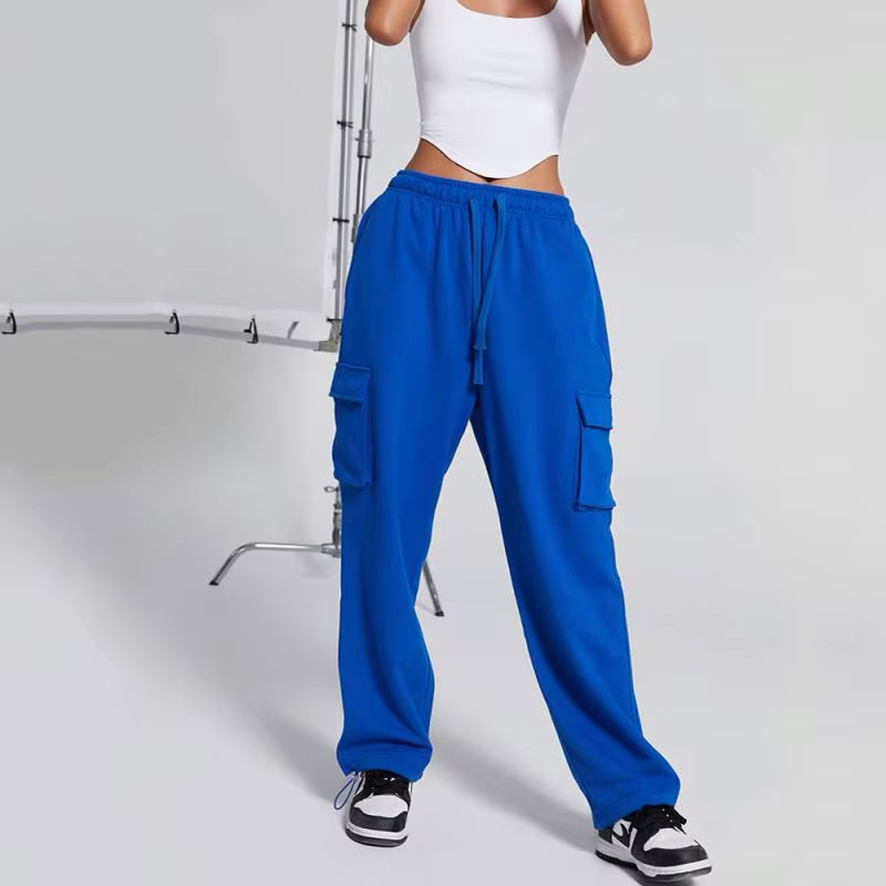 Women'S Cotton Drawstring Cargo Pants Girls' Comfortable Fitness Running Workout Dance Street Casual Wear Mid Harem Baggy Loose