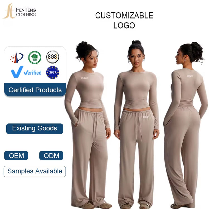 Under Lulu Custom Solid Color Casual Long Sleeve Suit Top High Waist Wide Leg Pants Sports Yoga 2-Piece Set Drawstring Closure