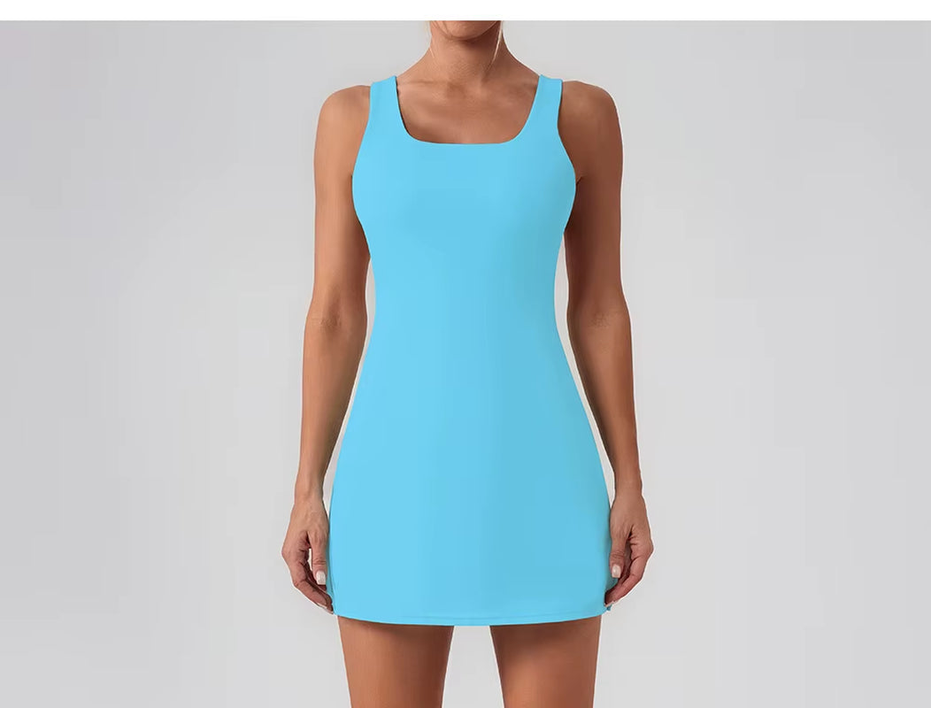 Women'S Lightweight Breathable Outdoor Fitness Running Golf Sports Dress Cross-Border Backless Solid Color Yoga Tennis Sets